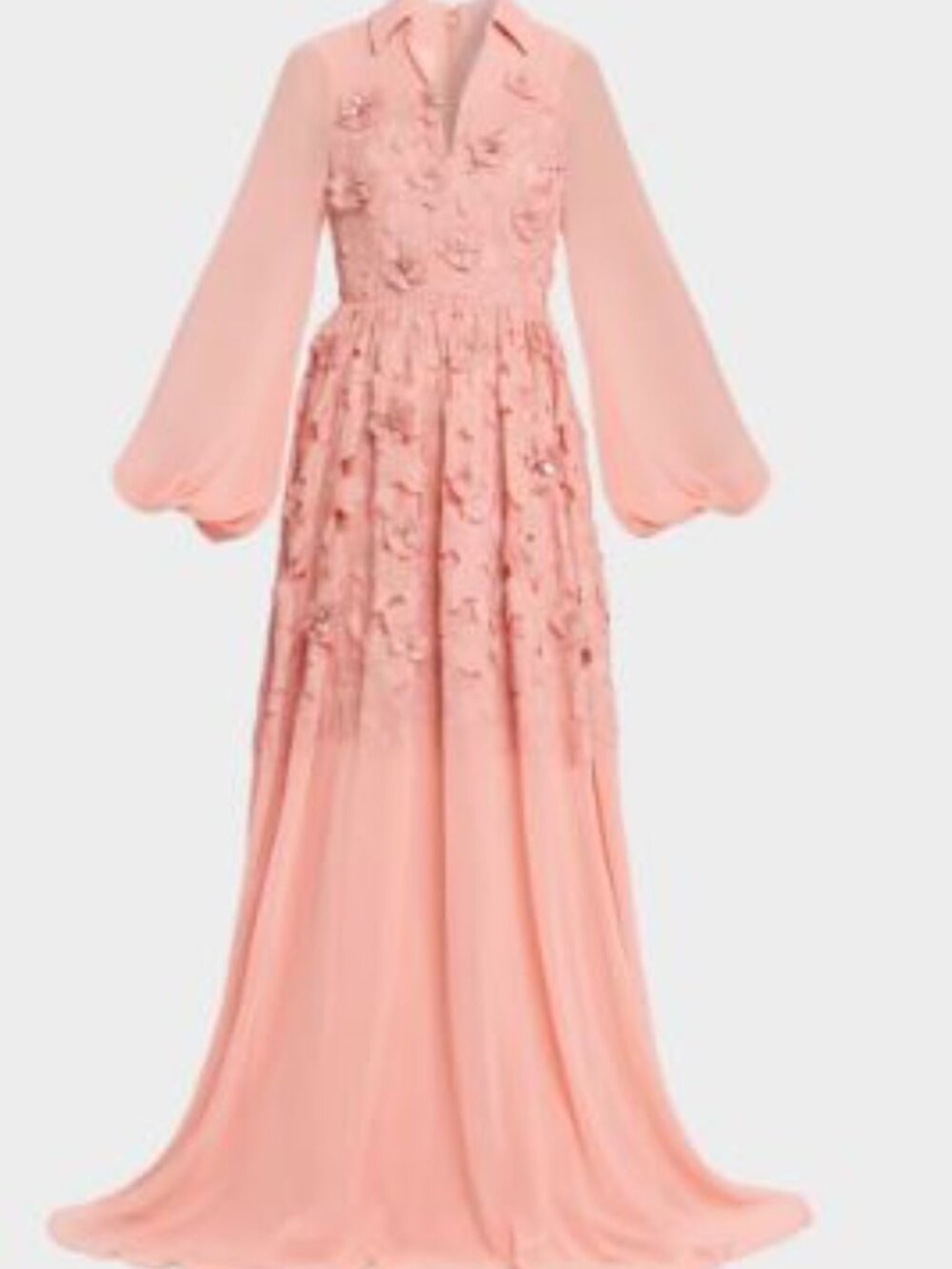 Badgley Mischka Blouson sleeve floral lace georgette gown, coral